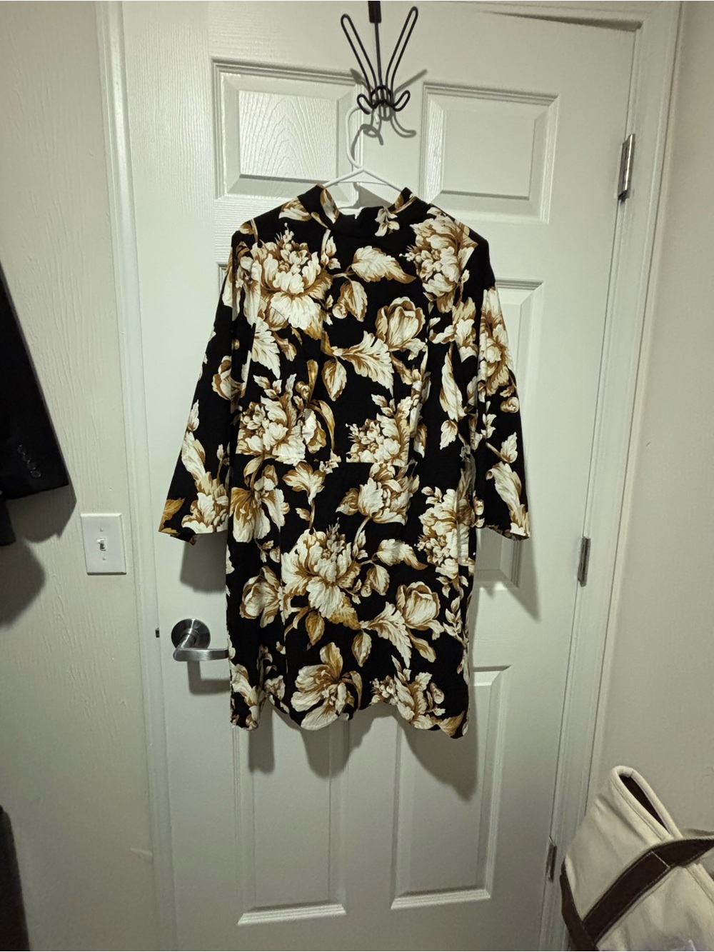 Black Floral Shift Dress with Gold & Cream Blooms